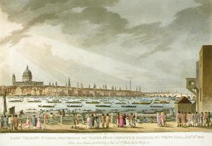 Turner - Lord Nelsons funeral procession by water from Greenwich to Whitehall from The History and Graphic Life of Nelson, engraved by J. Clark and H. Marke, pub. by Orme, 1806