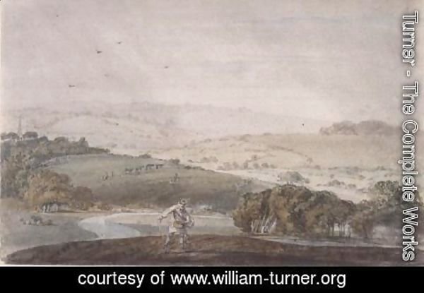 Turner - A Farmer Sowing, with a River Valley and Rolling Hills Beyond, c.1795