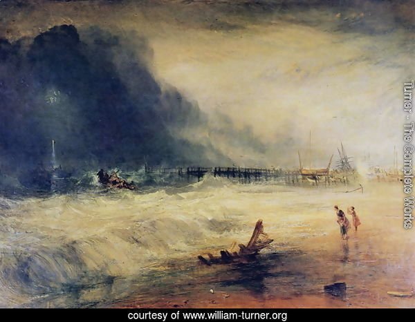 Lifeboat and Manby Apparatus going off to a stranded vessel making signal blue lights of distress , c.1831