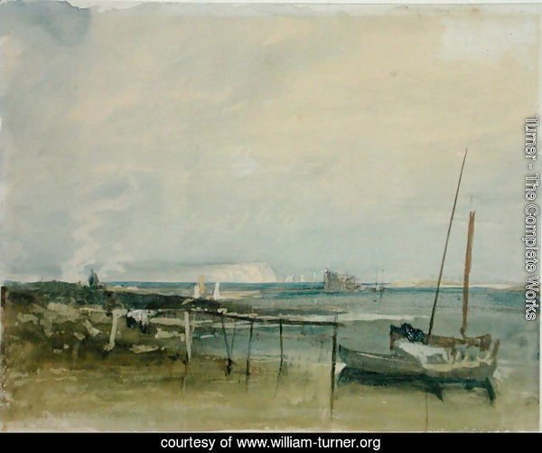 Coast Scene with White Cliffs and Boats on Shore