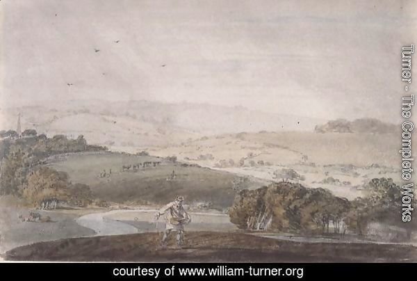 A Farmer Sowing, with a River Valley and Rolling Hills Beyond, c.1795