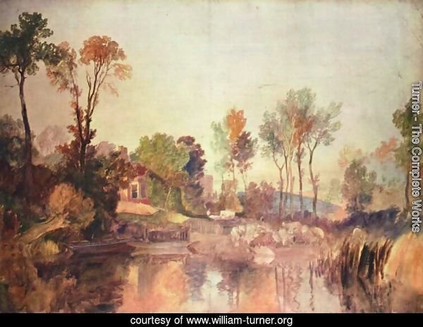 House on the river with trees and sheep